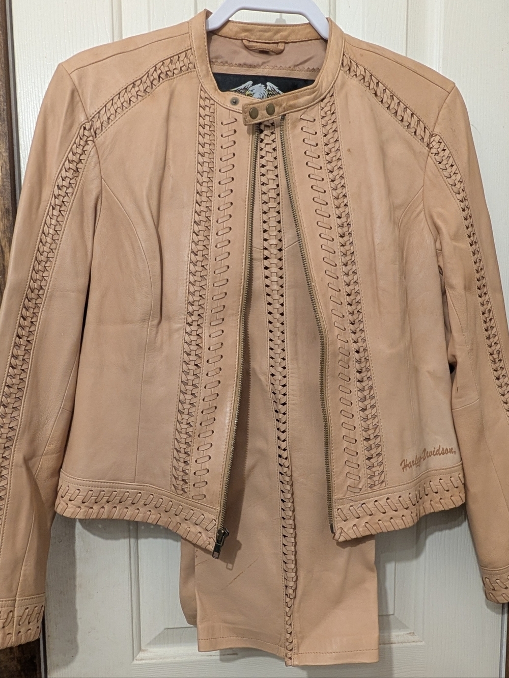 Harley Davidson Ladies Rare Tan Lambskin Leather Jacket Pants Set Medium AS IS